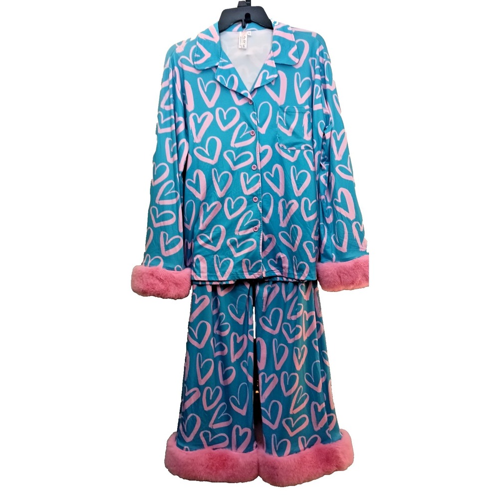 womens heart pajamas pink faux fur glam kidcore coquette sleepwear dollette cozy